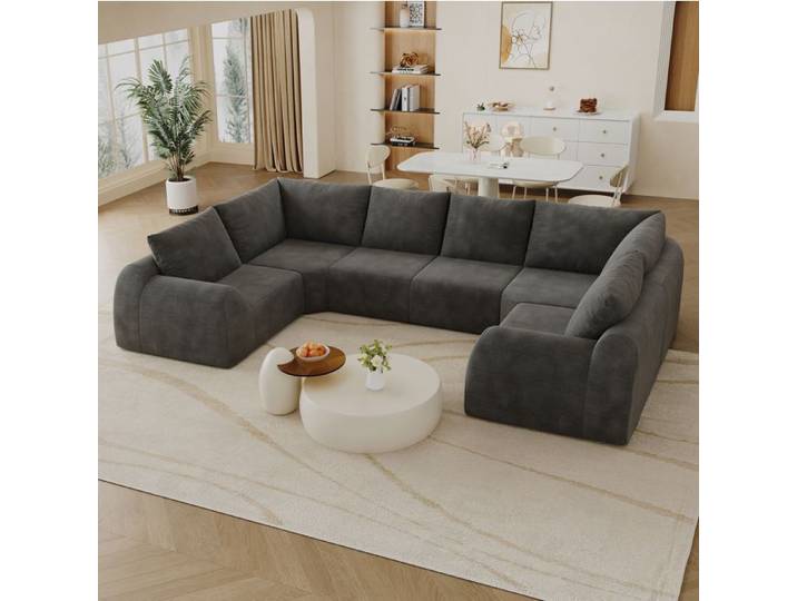 Modenuit Canapé U compressé 6 places tissu chenille gris foncé sans montage