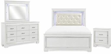 Benjara Full Bedroom Set, Drawer Storage, White, 4 Piece Set with Nightstand, Dresser, and Mirror