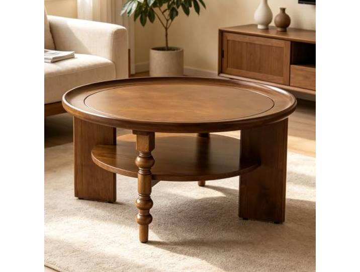 EBOYNSowAprr Französischer Vintage Couchtisch aus Massivholz Runder Aufbewahrungstisch im Mid-Century Modern Stil mit geschlossenem Schrank(Walnut,31.5x17.7 -B)