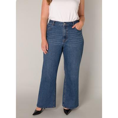Weite Jeans BASE LEVEL CURVY, Damen, Gr. 46, Länge 32, blau (mid blau), Denim/Jeans, Obermaterial: 98% Baumwolle, 2% Elasthan, unifarben, bequem lang, Jeans, in großen Größen