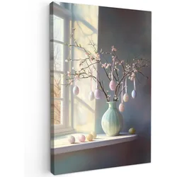 LEINWANDBILD Stillleben - Vase - Osterzweig Wanddeko Schlafzimmer 60x90 cm