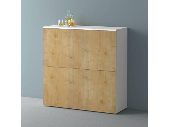 Mai & Mai Sideboard 100cm Kommode 4 Türen Soft-Close grifflos Stauraum Kommodenschrank, Wohnzimmer Möbel, Flurschrank, bis zu 8 Staufächer, Weiß matt + Kerneiche, BxTxH:100x36,4x98cm, Schrank04