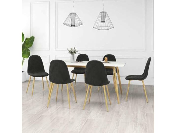 NLQMSU Esszimmerstühle aus schwarzem Samt mit goldenen Beinen, 6 Stück Schwarzer Samt, dicker Schaumstoff, goldene verchromte Beine, minimalistisches Design, vielseitig einsetzbar