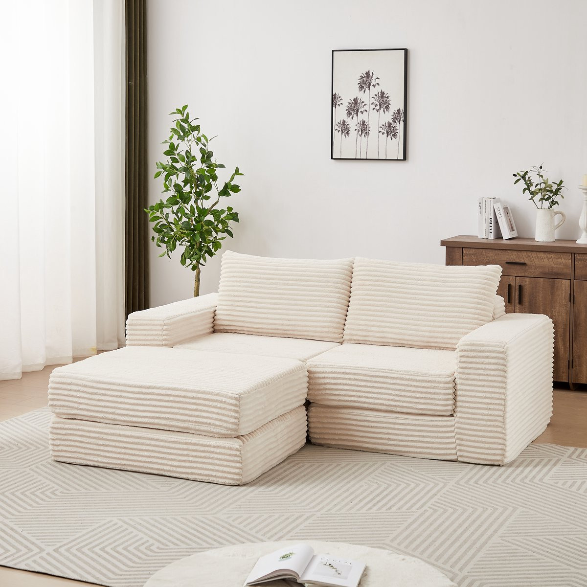 MODFU Slaapbank 2-in-1 Modulair Klassiek met Verplaatsbare Voetenbank - Beige Ribstof