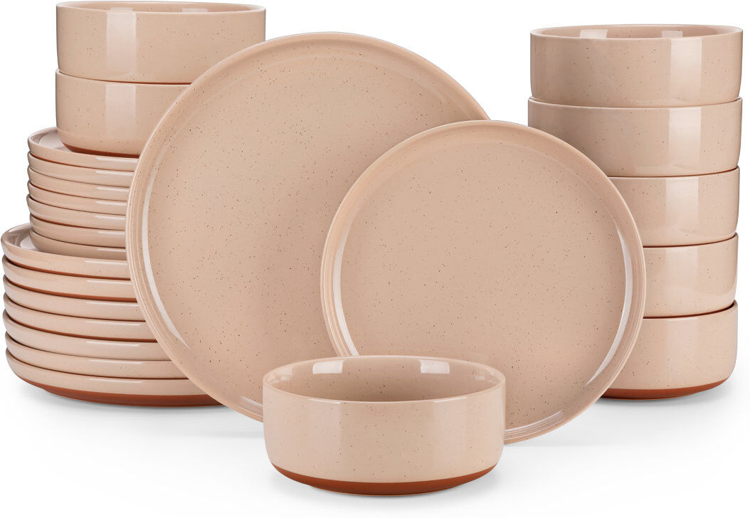 MALACASA 24 Pcs Ceramic Dinnerware Set, Plate And Bowls With Non Slip Base, Specks, Multicolor Set, Brown, Dinner Plates, Dessert Plates And Bowls For 8 Person Pink 24