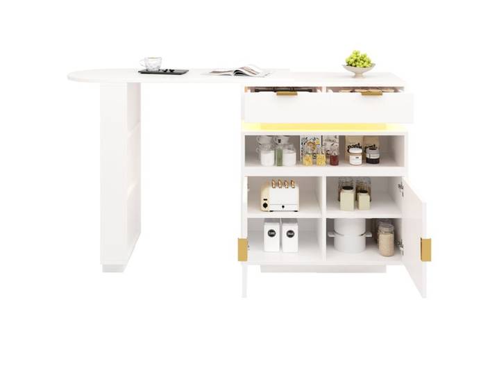 Weißer Bartisch mit Stauraum LED-Beleuchtung und ausziehbarer Funktion 115-183×40×99 cm Kücheninsel
