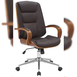 Décoshop26 - Bürostuhl auf Rollen mit braunen Kunstlederarmlehnen Gestell aus gebogenem Holz und Metall 10_0006979