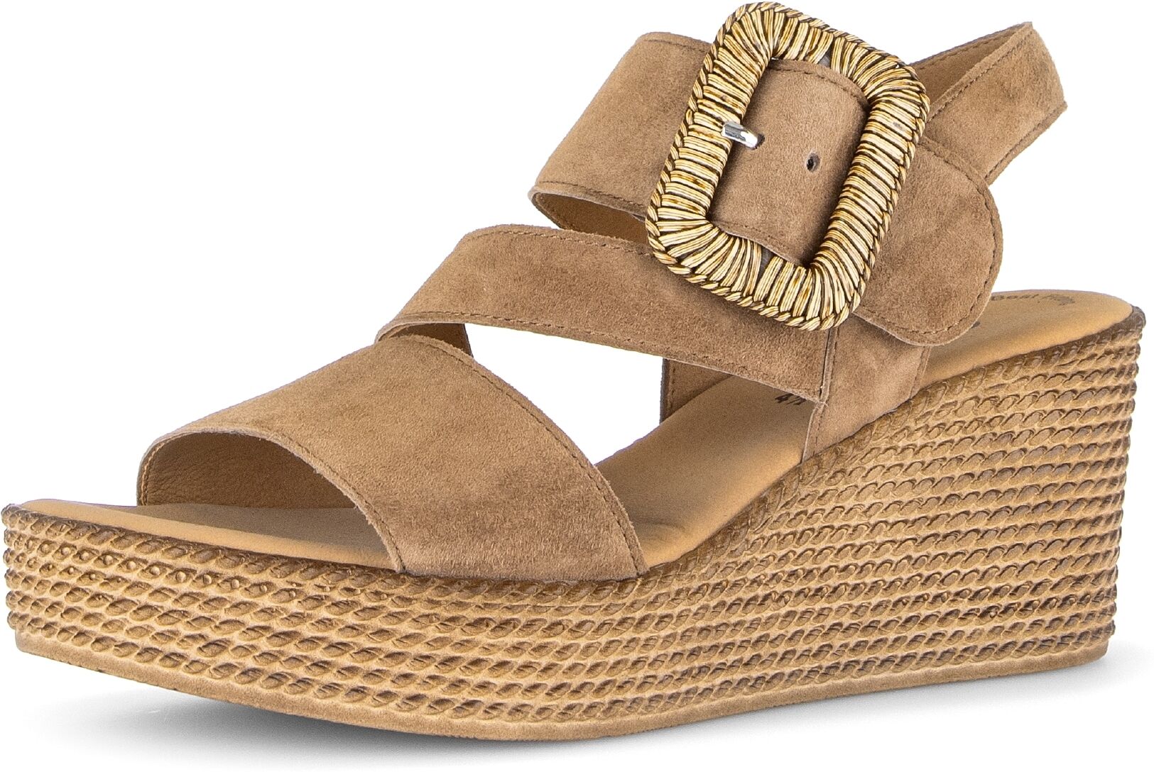 Keilsandalette GABOR, Damen, Gr. 39, Leder, braun (nussbraun), Ziegenveloursleder, unifarben, Schuhe Keilsandalette, Sommerschuh, Riemchensandale mit auffälliger Zierschnalle
