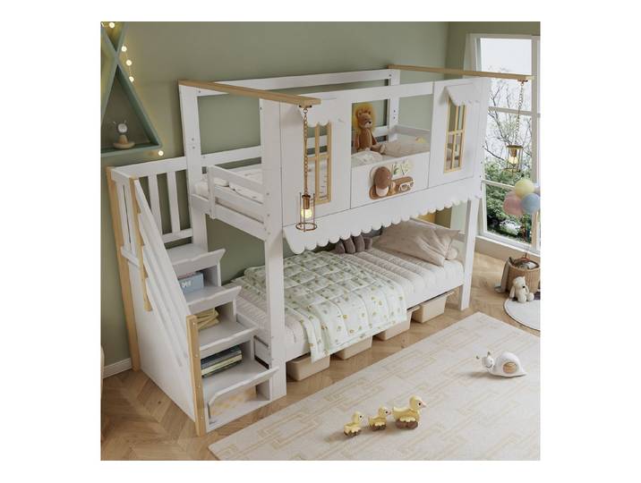 HAUSS SPOLE Etagenbett 90x200cm Aufbewahrungstreppe, Wellenförmige Dachkante, Weiß+Natur (mit Aufbewahrungstreppe & Fenster, platzsparendes Spielbett mit Dekoration & sicherem Einstieg, 90x200 cm), ohne Matratze