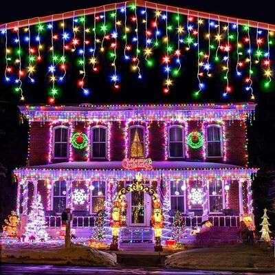 Uplift Essentials Solar Cascade Icicle Curtain Lights warm 11.5 Ft 96 Led