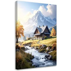 BILD auf Leinwand, Berglandschaft Bach Häuschen Natur