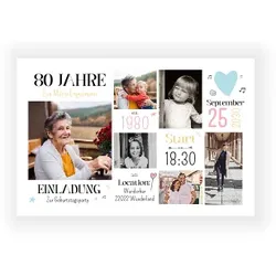 Einladungskarten zum 80. Geburtstag mit eigenen Fotos gestalten im Design "Einladungskarte 80. Geburtstag: Bildreicher Geburtstag 80 mit Fotos in Weiß" - Musterkarte - Karten einfach online bei...