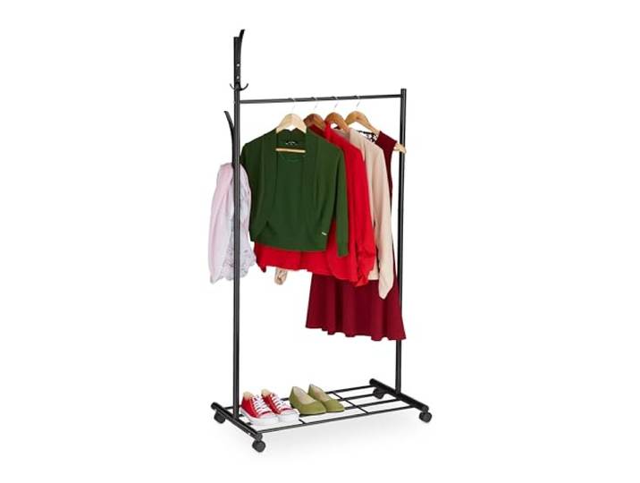 Relaxdays Portant sur roues\, HxLxP : 165x80x44 cm\, métal\, rangement mobile pour vêtements\, penderie pivotante\, noir