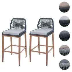 2er-Set Rope-Barhocker HWC-O21, Outdoor Sitzpolster Seilgeflecht Metall Holz-Optik ~ anthrazit, Kissen hellgrau