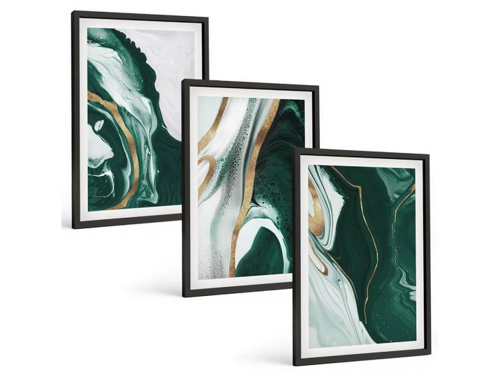 BILDER SET 3er Set - 40x60 cm Schwarzer Rahmen - Abstrakte grüne Farbmuster