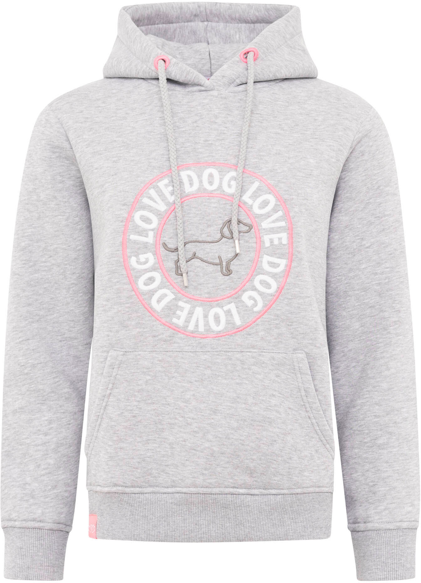 Hoodie ZWILLINGSHERZ "Dog Love", Damen, Gr. L/XL, grau (hellgrau), angeraute Sweatware, Obermaterial: 50% Baumwolle, 50% Polyester, unifarben mit Farbeinsatz, Sweatshirts Hoodie, mit gesticktem Dackel-Motiv, Schriftzug, Kordelzug, Rippenbündchen hellgrau 
