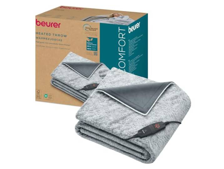 Beurer HD 75 Nordic Grey Heizdecke, Wärmedecke hergestellt aus recyceltem Material, kuschelig weich, 6 Temperaturstufen, maschinenwaschbar, Abschaltautomatik, 180 x 130 cm