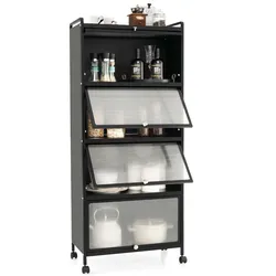 COSTWAY Hoher Küchenschrank mit Rollen, 5‐stufiger Mikrowellenständer, PC‐Türen & Kippschutz, für Küche Esszimmer Wohnzimmer, Schwarz