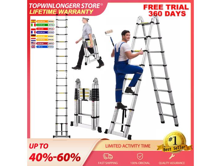 Échelle télescopique 5M, échelle télescopique métallique double usage de 16,5 pieds avec stabilisateur, échelle compacte à marches, capacité de charge de 330 lb (2,5M+2,5M)