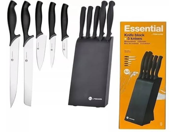 Fiskars Essential Messerblock Set, 5 Küchenmesser aus japanischem Stahl, Schwarzer Holzblock, 1200g
