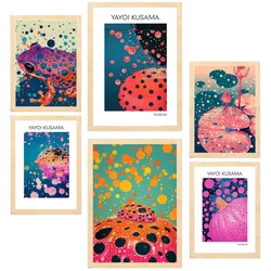 POSTER Set Mit 6 Kusama Kürbis A3 & A4 Rahmen Aus Hellem Holz
