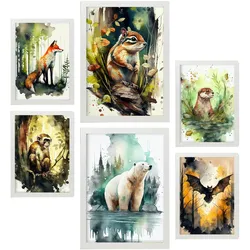 POSTER Set Mit 6 Lebensräume Illustrationen Von Tieren In Naturlandschaften, Realistischer Aquarellstil Innenarchitektur A3 & A4 Weißer Rahmen