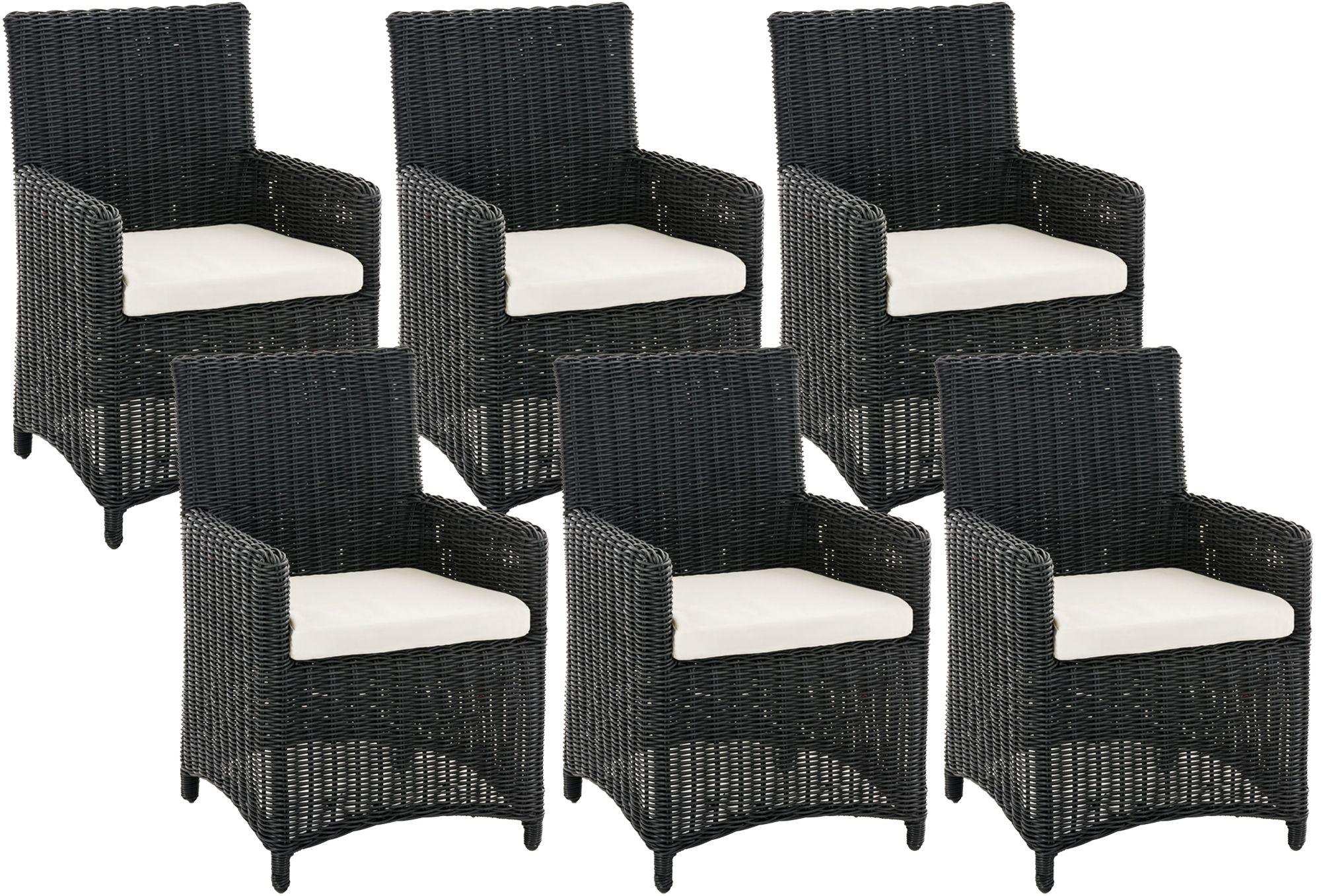 CLP Gartenstuhl 6er Set Fontana, Polyrattan Gartenstühle, Hochlehner mit Sitzkissen, schwarz Polsterfarbe Cremeweiß
