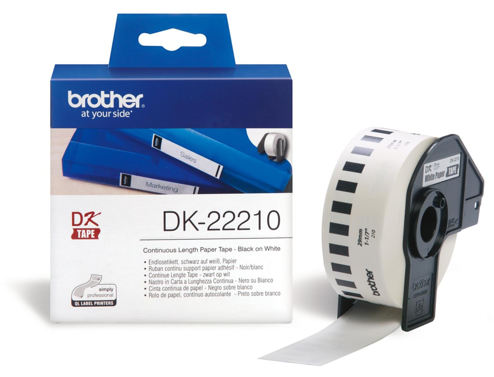 Brother DK22210 etikettenrol, continu papier, zwart op wit, 29 mm x 30,48 m