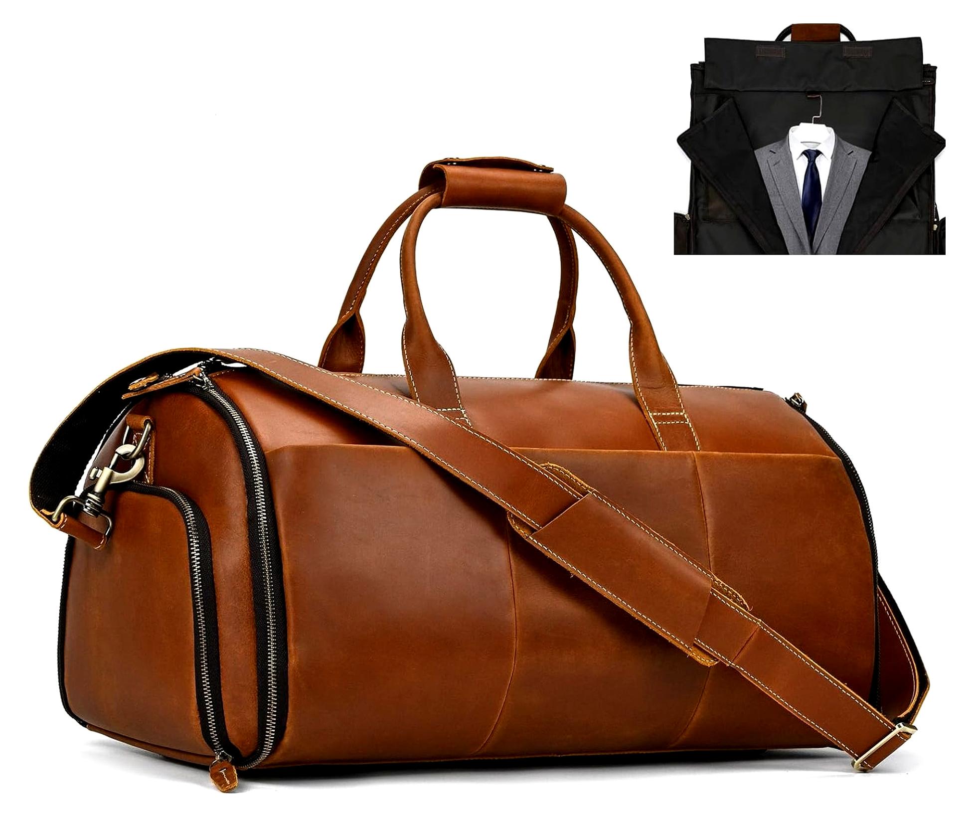 Anzugsack, Reisetasche Herren Echt Leder, Weekender Kleidersack 2 in 1 Garment Bag Mit Schuhfach, Sporttasche für Herren, Hellbraun