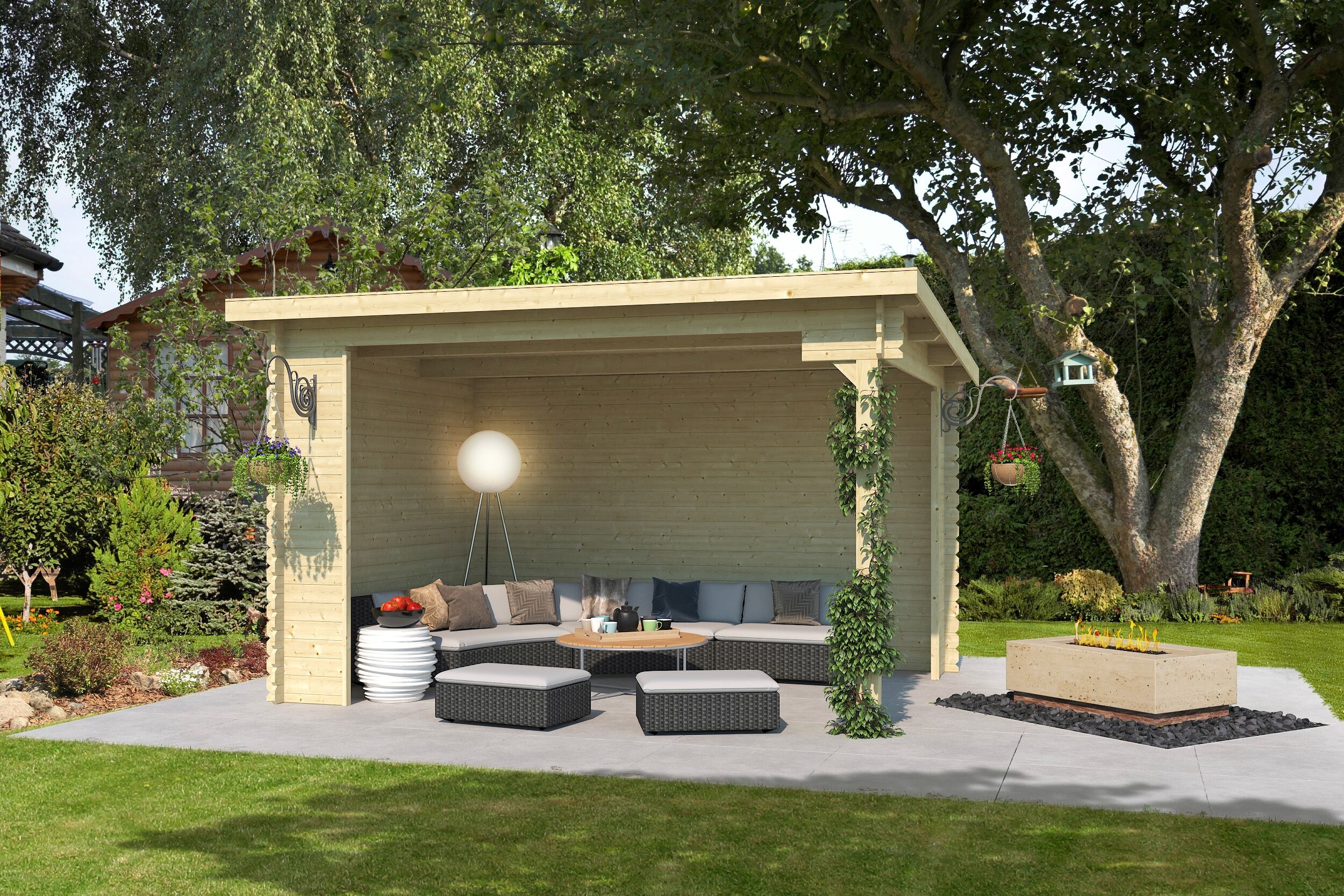 Gartenhaus LASITA MAJA "Unterstand/Lounge Buffalo 380", beige (naturbelassen), ohne Dacheindeckung, Massivholz, Gartenhäuser, Gartenhaus, Unterstand / Lounge 28mm