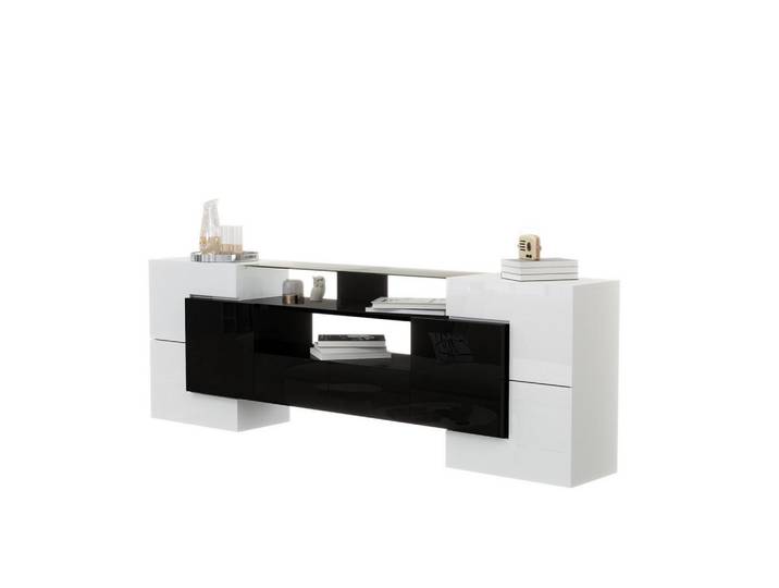 Modenvie Lowboard 200/35/60 cm aus Spanplatte mit LED-Beleuchtung und Glasoberfläche Weiß/Schwarz, 200x60x35 cm, Wohnzimmer, TV Möbel, Lowboards, Lowboards stehend