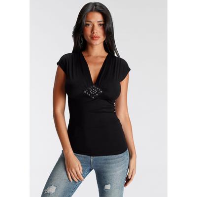 T-Shirt MELROSE, Damen, Gr. 46, schwarz, Jersey, Obermaterial: 95% Viskose, 5% Elasthan, unifarben, sehr figurbetont hüftlang, tiefer V-Ausschnitt, angeschnitten, Shirts T-Shirt, sehr figurbetonter Schnitt, tiefer V-Ausschnitt