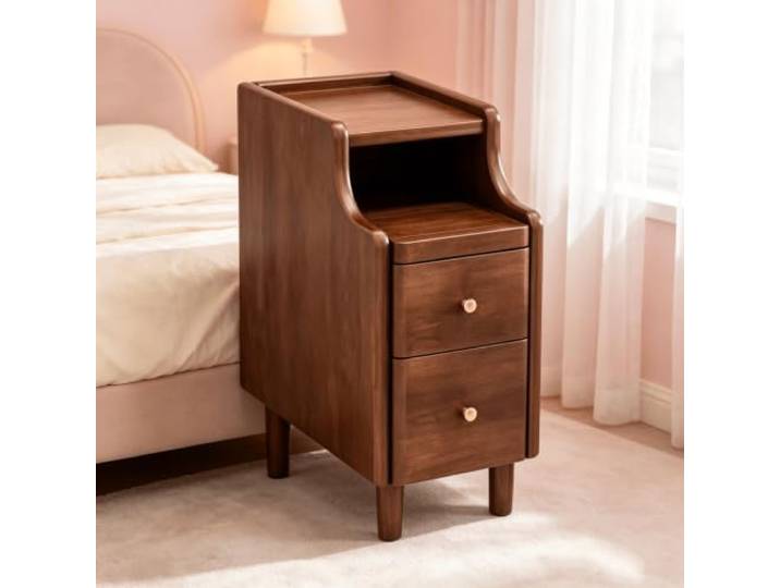 kumamart Schmaler Nachtschrank Massivholz, Nachttisch für Schlafzimmer Schmaler Nachtschrank mit Tablett-Ablage, abgerundeten Kanten und Massivholzbeinen.(Walnut,11.81in)