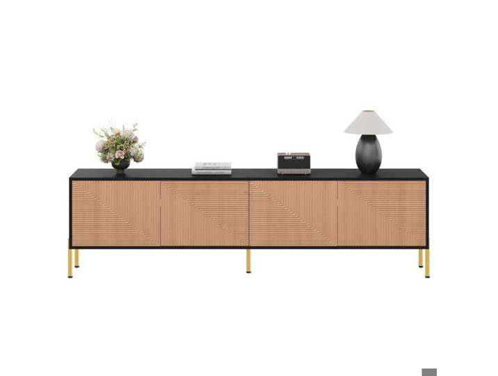 Meuble TV Moderne 179x35x53 5 cm Buffet Bas Design Noir et Or Rangement Fermé avec Pieds en Métal Doré Style Minimaliste Chic