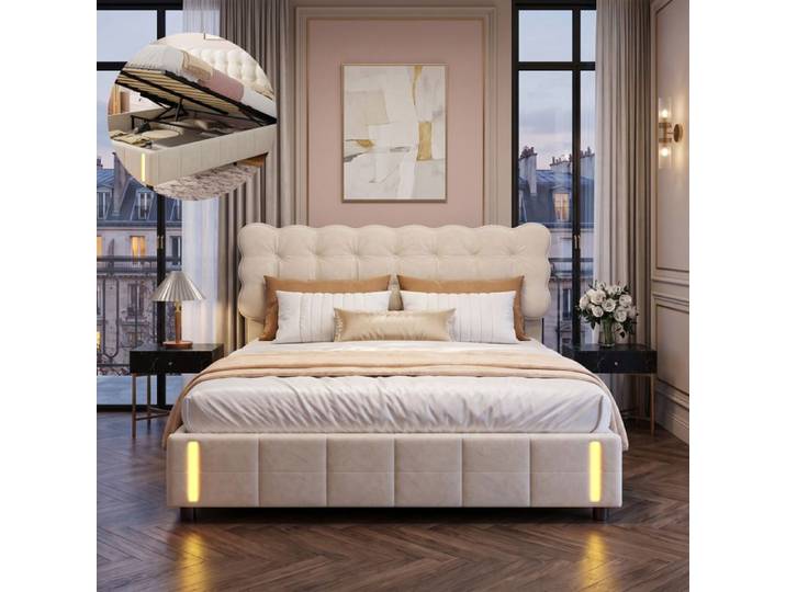 Lit coffre 140x190 - NEXU - Velours beige - Sommier à lattes renforcé - Éclairage LED