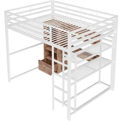STILVORA Hochbett 140x200 Metallrahmen mit LED-Beleuchtung, Schreibtisch, 1 Schublade, Regale, Geländer, Stauraum, Multifunktional, Weiß