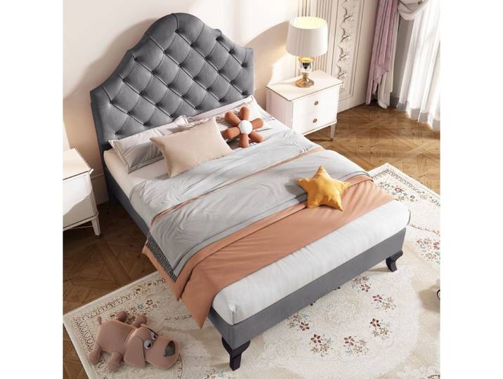 Lit rembourré SENVIRO 90 x 200 cm Tête de lit capitonnée en velours gris
