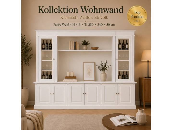 Wohnpalast Wohnwand Wohnwand Weiß 340 cm mit 2 Vitrinen – Große weiße Schrankwand mit Stau