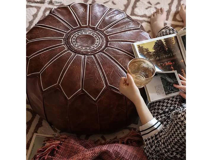 Pouf Marocain en Cuir PU de 58cm, Coussin de Méditation, Décoration de Maison, Broderie Artisanale, Repose-Pieds, hypothécaire ami, Un197