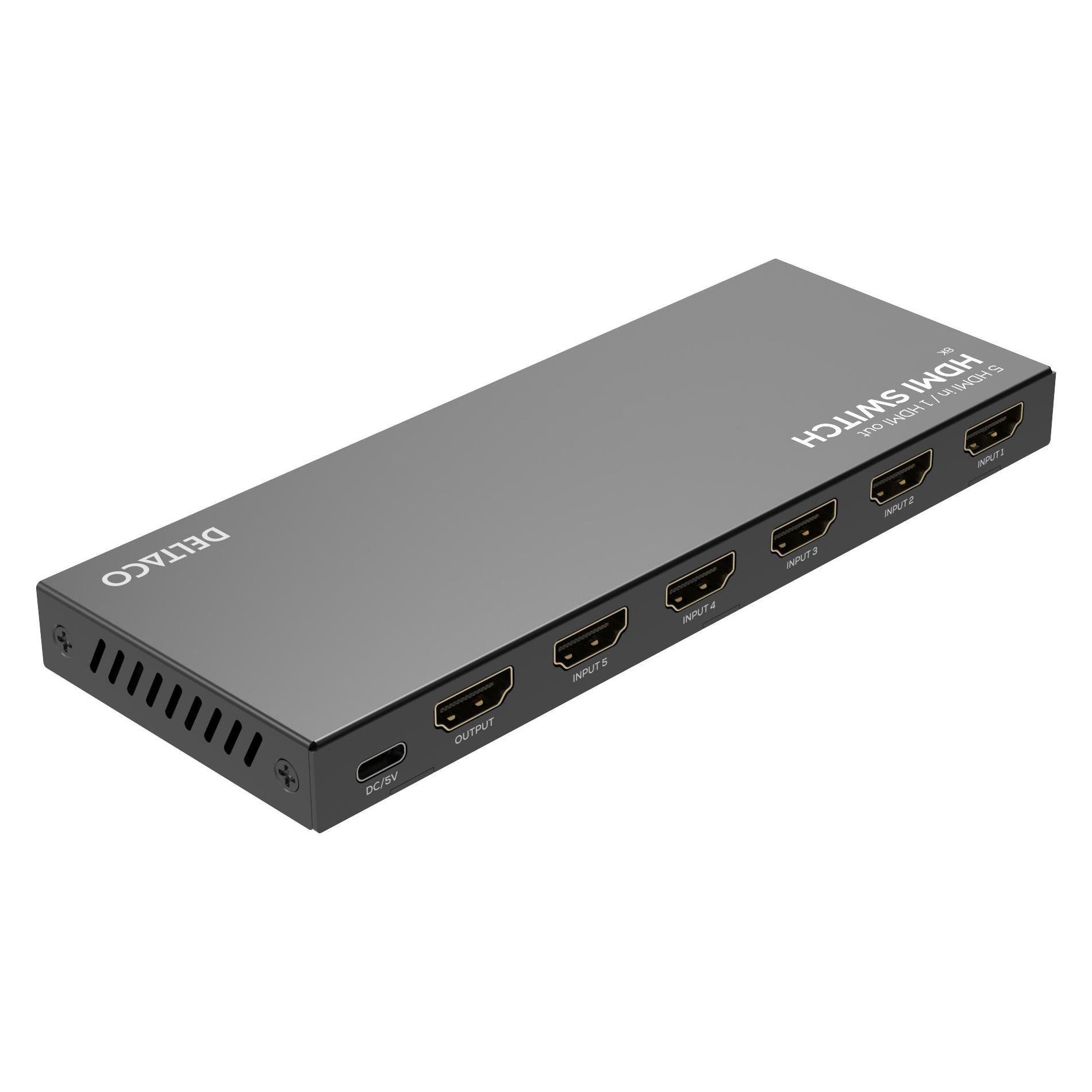 Deltaco HDMI Switch, 5 inputs to 1 output, 8K 60Hz, w/remote (HDMI-7055)