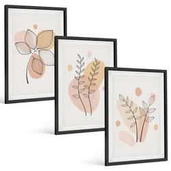 BILDER SET 3er Set - 40x60 cm Schwarzer Rahmen - Pastellfarbene Pflanzenzeichnungen