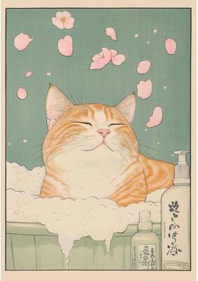 Inspire Select Japanese Tabby Cat Bathtub Canvas Wall Art Japandi Retro Aesthetic Bathroom Poster 3 19.7 27.6 In Unframed