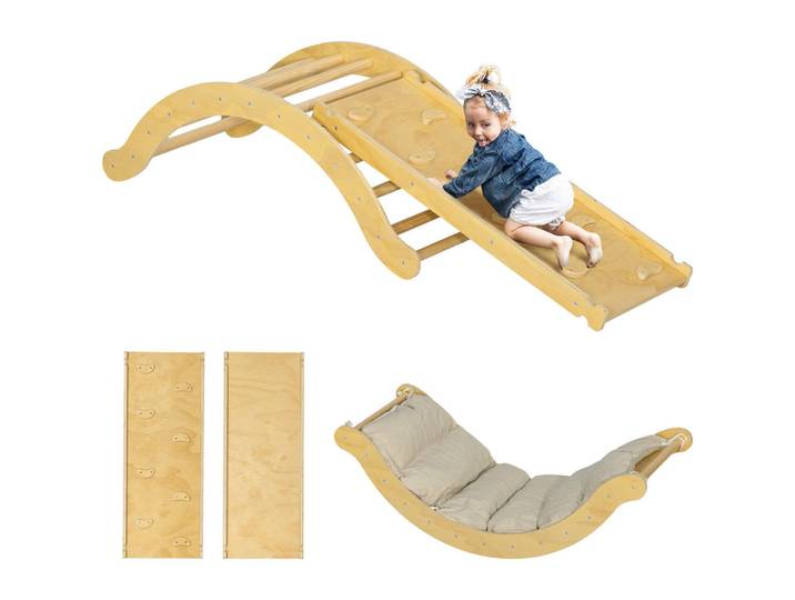 ComfortXL Kletterbogen De-18393 4-in-1 mit Wippe, Rampe & Kissen Naturholz, Naturfarben, 49.5x168 cm, Freizeit & Co, Gartenspielzeug