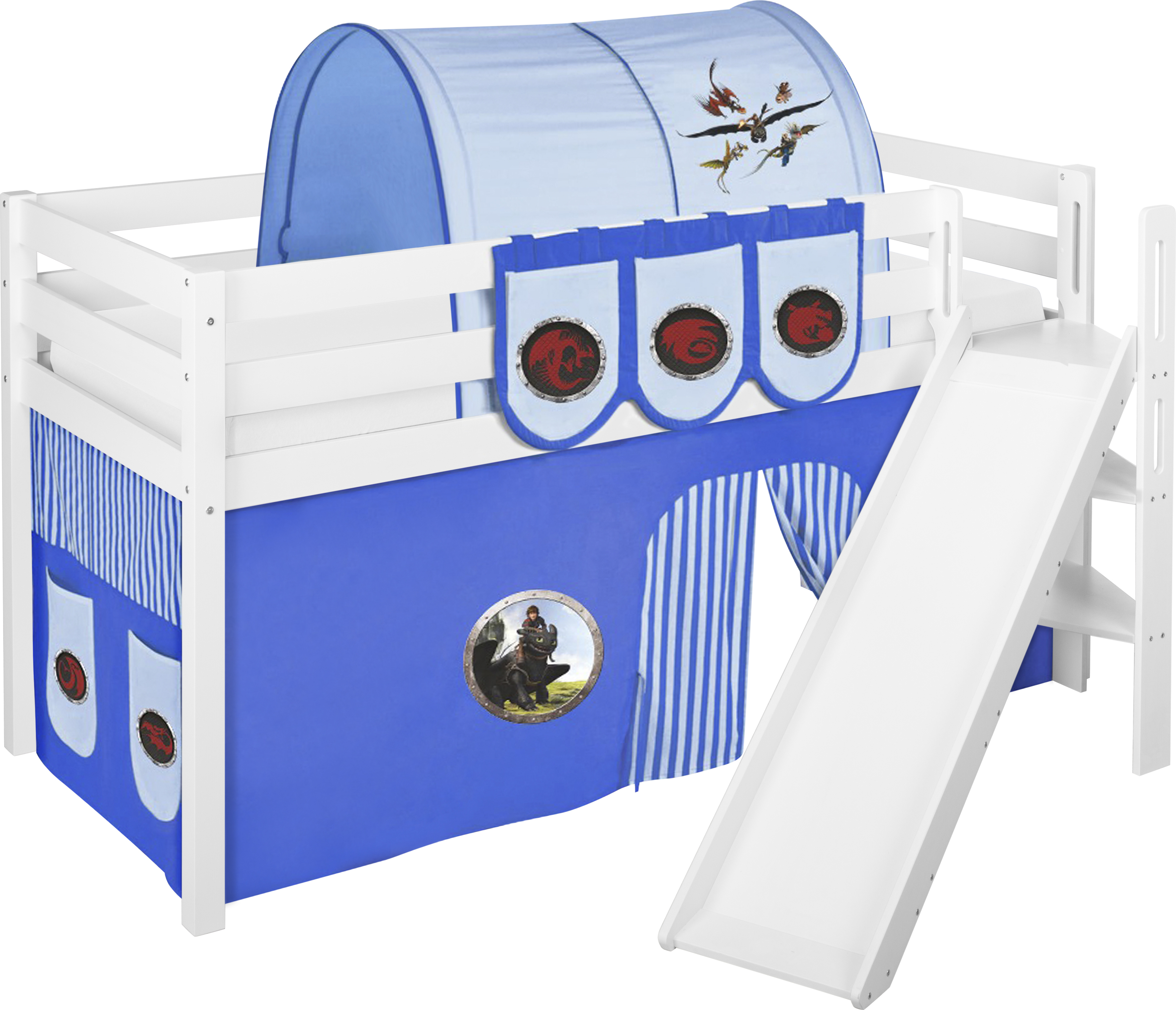 Spielbett JELLE 90 x 200 cm Dragons Blau - Hochbett LILOKIDS - Weiß - mit schräger Rutsche und Vorhang