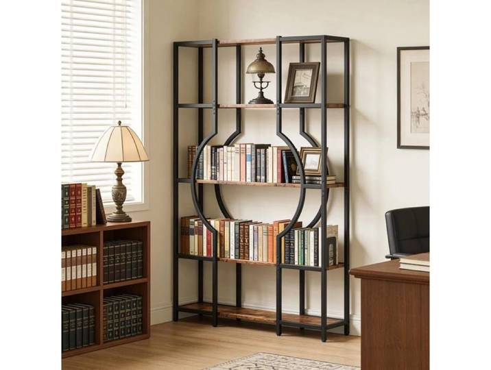 Bibliotheque 5 Niveaux Noir Bois Etagere Vintage FloraGrace Pour Salon Bureau Fixation Murale Incluse 104x30x169cm