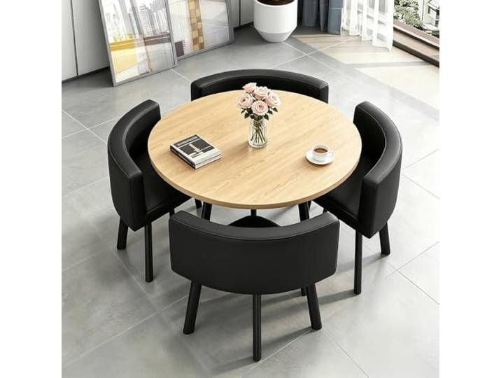 AMZSEW Esstisch und 4 Stuhlset, 90cm Runder Esstisch und 4 Kunstleder Esszimmerstühle,platzsparendes für Küche, Wohnzimmer, Balkon, Restaurant, Büro,Holzt + hellgraus,Black Chair and Wooden Table