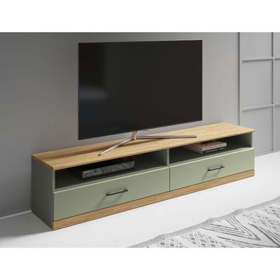 Lowboard OTTO HOME "Ribe,140cm breit,38cm hoch mit 2 Klappen,Oberplatte aus Massivholz", grün (salbei, eiche), B:140cm H:38cm T:35cm, Sideboards, Lowboard, Eiche massiv,Melamin in Salbeigrün,schwarze Metall Griffe