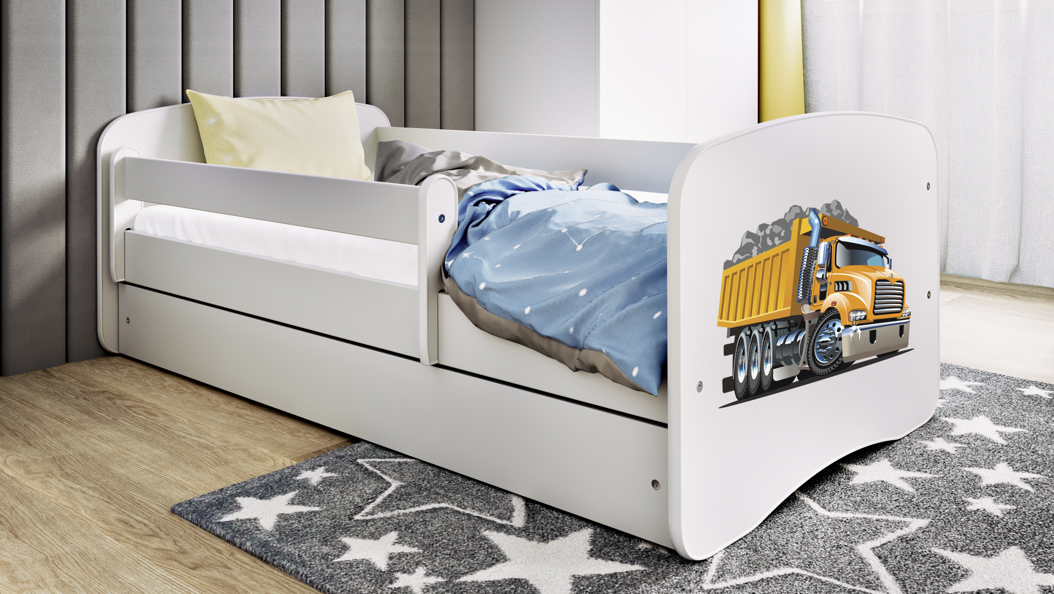 Kinderbett Jugendbett Lastwagen 70x140, 80x160, 80x180 cm - Komplettset mit Schublade & Rausfallschutz