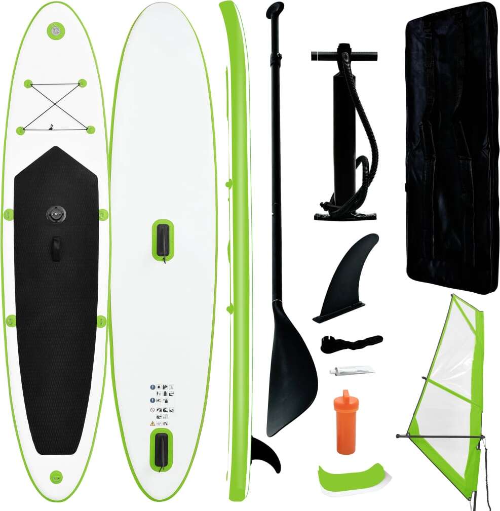 The Living Store Aufblasbares Stand-Up-Paddleboard Set mit Segel Grün und Weiß