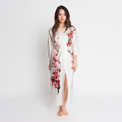 KIM + ONO Hand-Painted Silk Cherry Blossom Kimono Robe - Long   KIM+ONO - white / one size